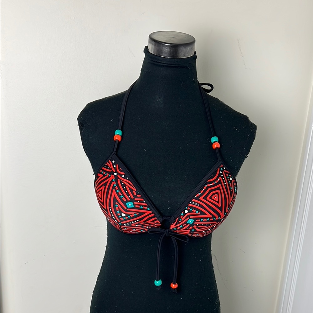 Tribal Print Halter Triangle Bikini Top - Red and Black